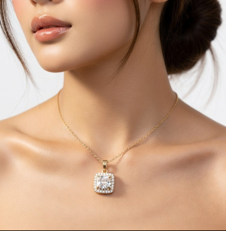 Golden Halo Cushion Sparkle Necklace