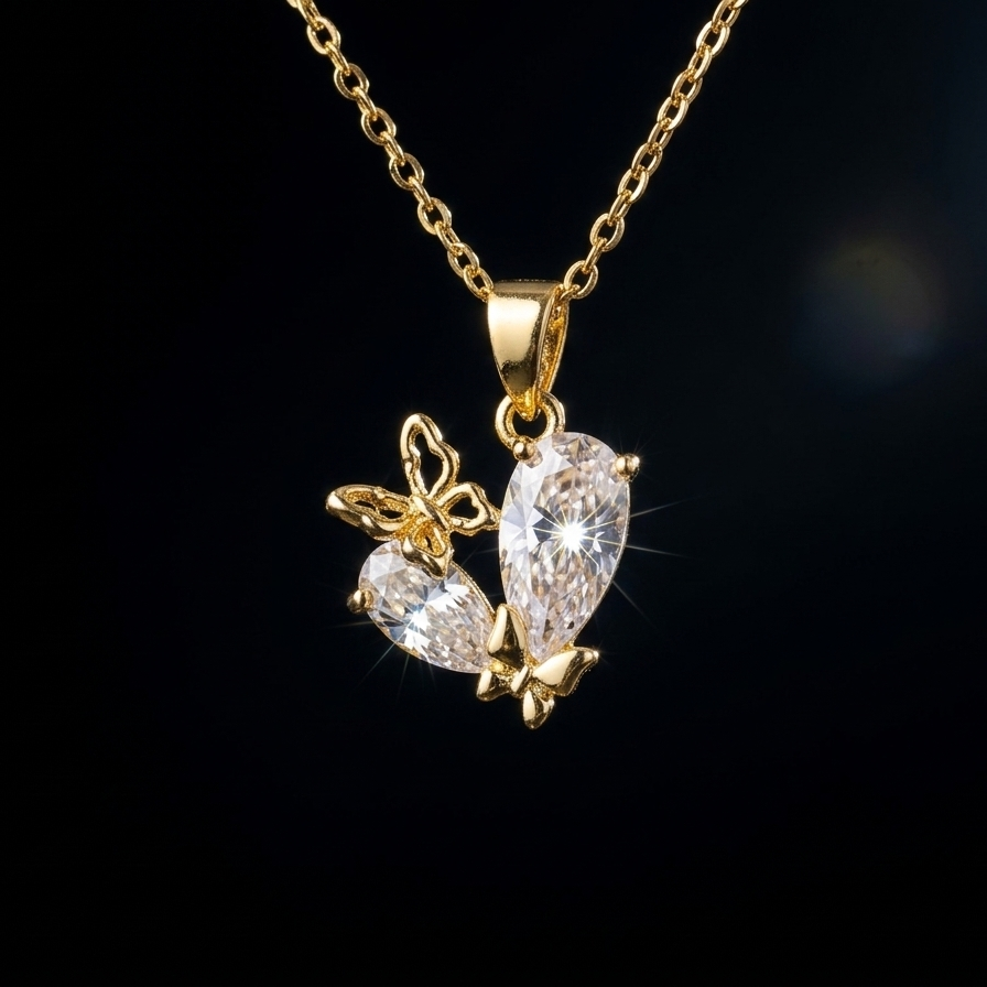 Golden Flutter Butterfly Crystal Necklace