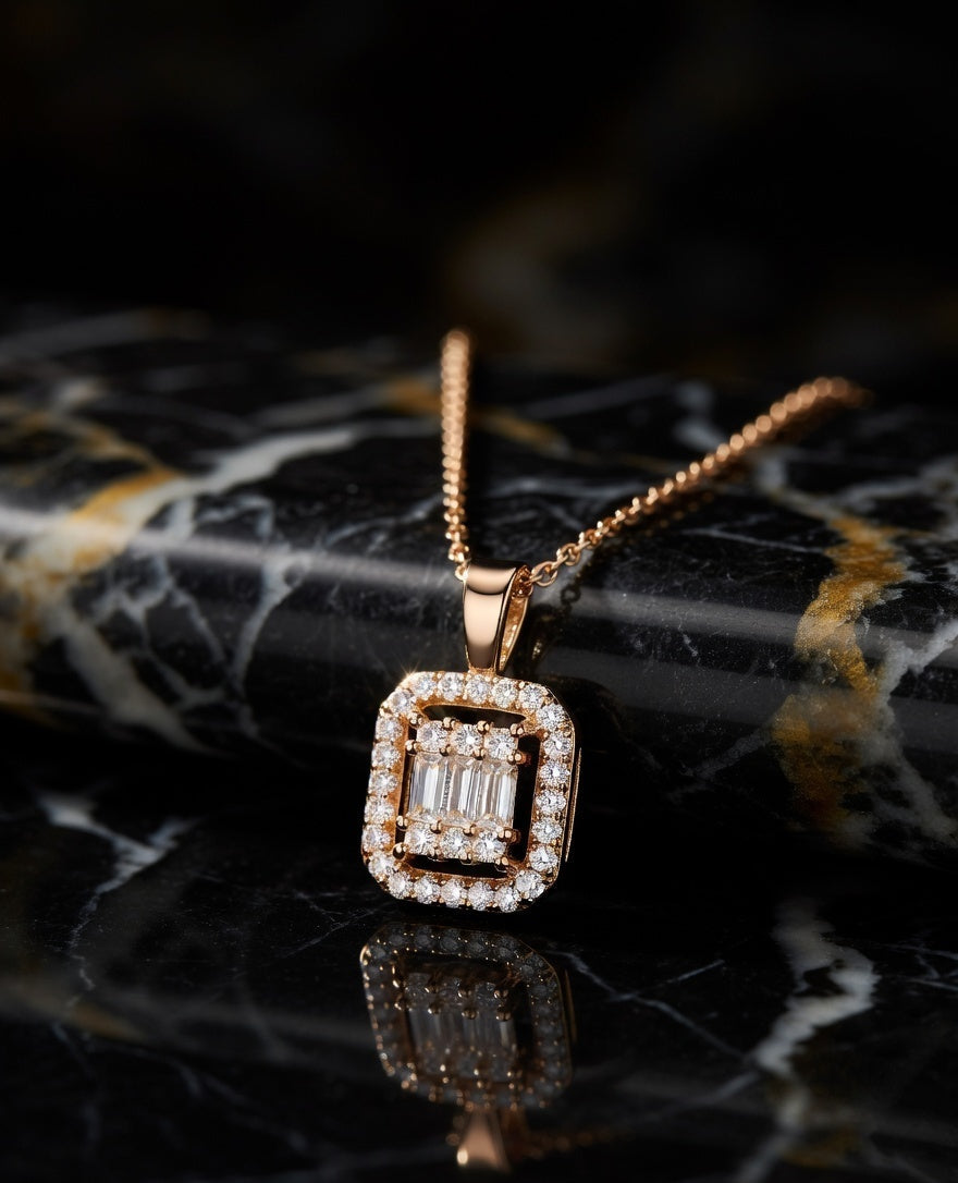Rose Radiance Baguette Halo Necklace