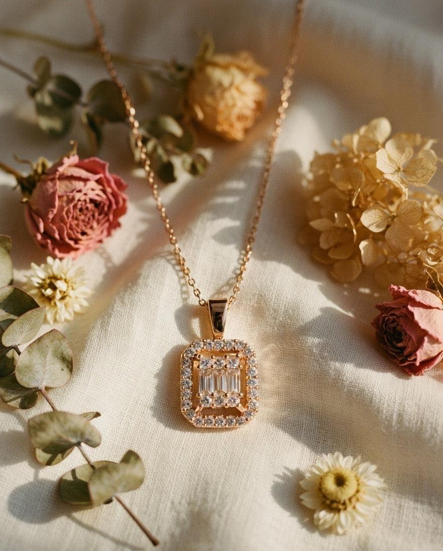 Rose Radiance Baguette Halo Necklace