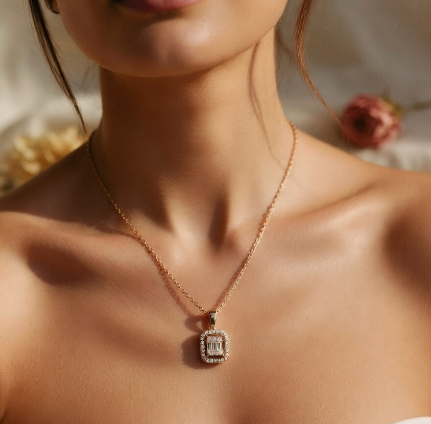 Rose Radiance Baguette Halo Necklace